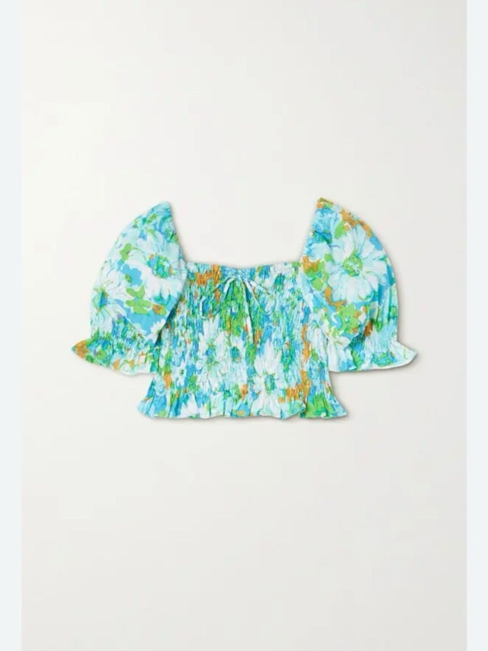 Faithfull the Brand Blue, Green and White Floral Smocked Puff-Sleeve Crop Top